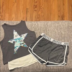 Girls Justice Set Tank Top Shirt Shorts Star Camo Gray 12